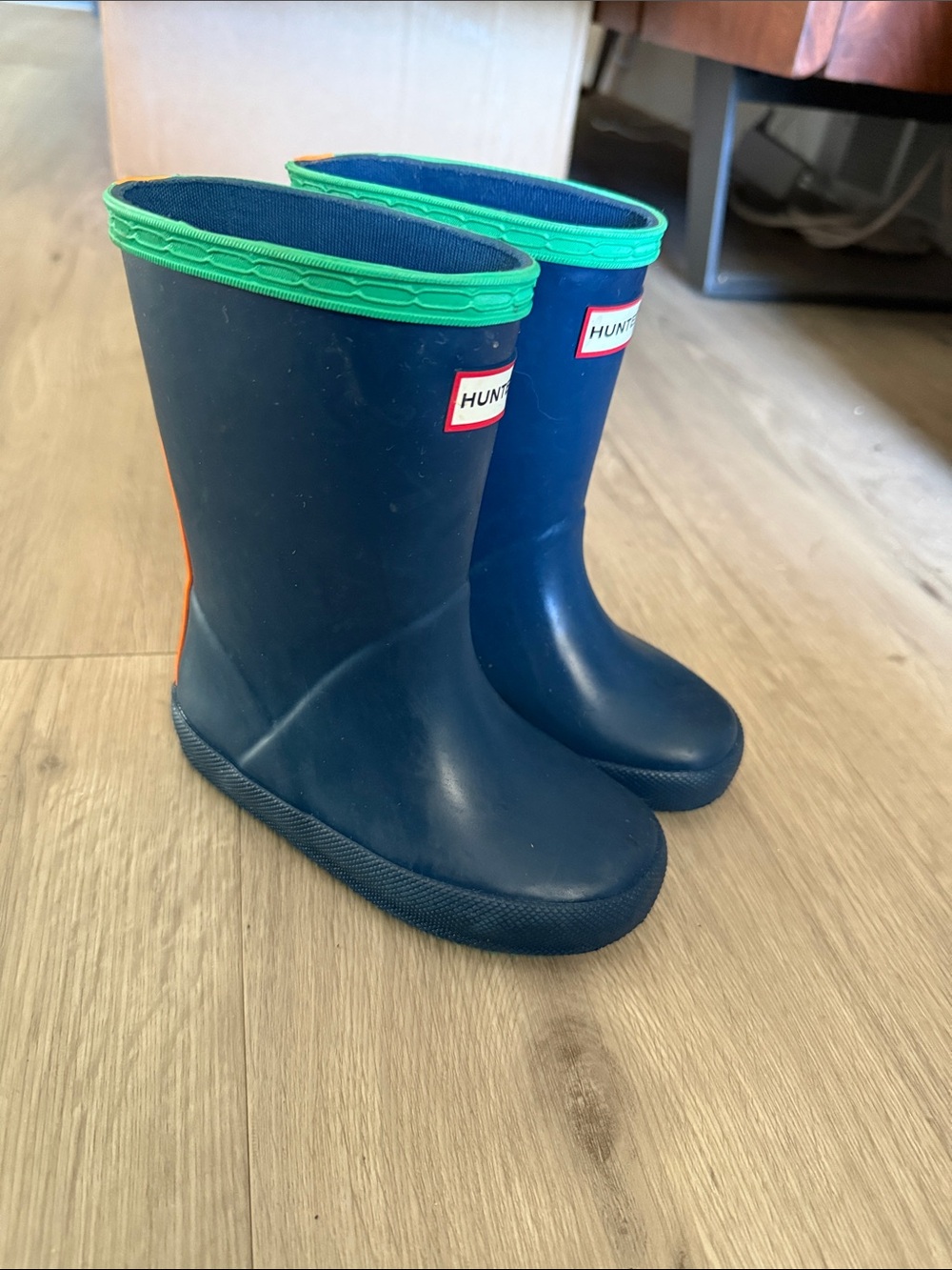 Hunter Kids Navy Rain Boots with Bright Green Trim